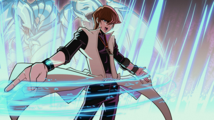 1boy, absurdres, bangs, blue-eyes_twin_burst_dragon, blue_eyes, brown_hair, card, coat