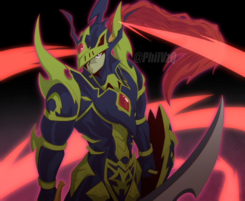 1boy, armor, artist_name, black_luster_soldier, closed_mouth, colored_skin, commentary, duel_monster