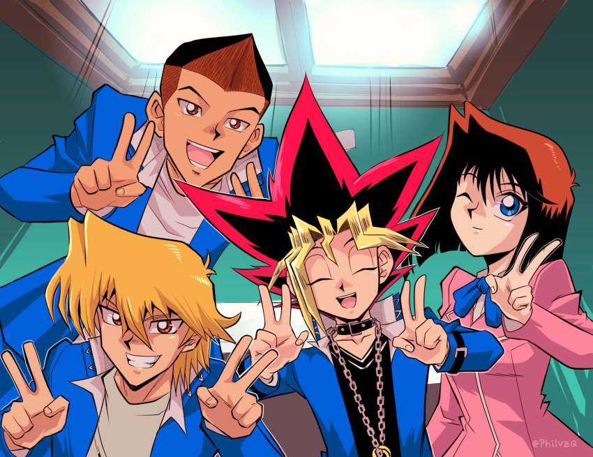 1girl, 3boys, artist_name, bangs, black_hair, blonde_hair, blue_eyes, blue_jacket
