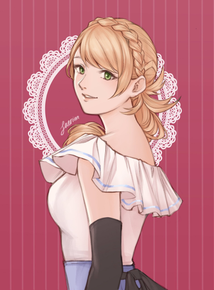 1girl, alternate_costume, bangs, blonde_hair, braided_hairband, breasts, bridal_gauntlets, closed_mouth