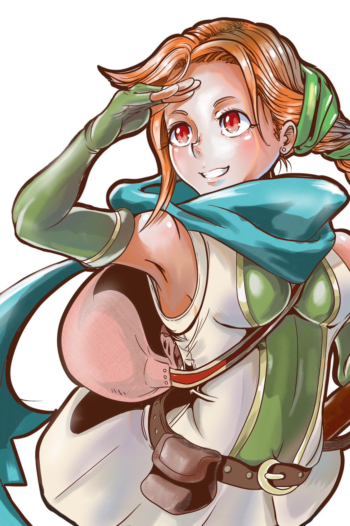 1girl, armpits, bag, bare_shoulders, belt, breasts, bridal_gauntlets, cath_(fire_emblem), closed_mouth, fire_emblem, fire_emblem:_the_binding_blade, gloves, handbag, highres, looking_away, medium_breasts, orange_eyes, orange_hair, ponytail, to_ra_dandan35, upper_body, white_background