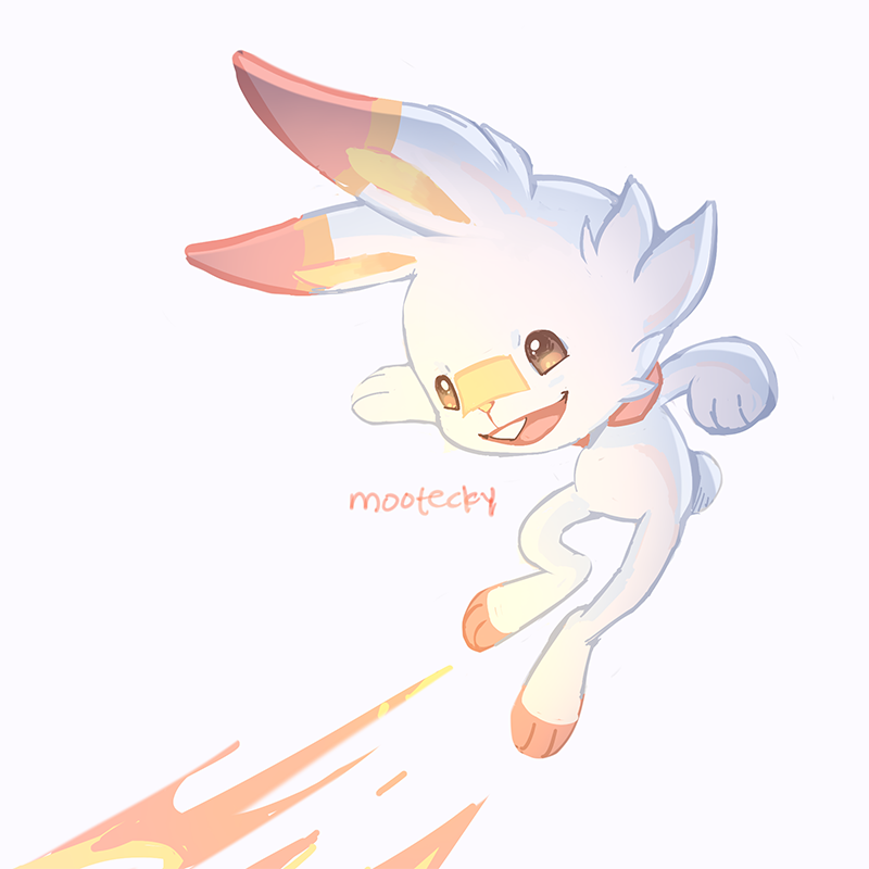 bandaid, bandaid_on_nose, brown_eyes, commentary, fang, fire, full_body, gen_8_pokemon, looking_down, mootecky, no_humans, open_mouth, paws, pokemon, pokemon_(creature), scorbunny, signature, solo, starter_pokemon, tongue, white_background