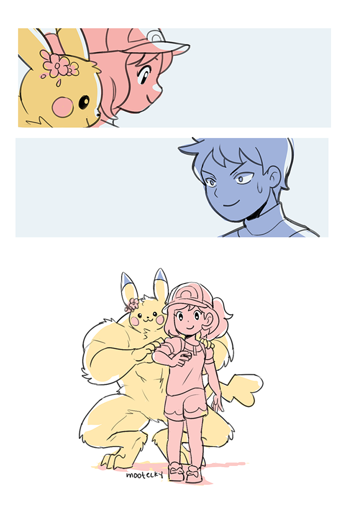 1boy, 1girl, bangs, baseball_cap, black_eyes, closed_mouth, commentary, elaine_(pokemon), english_commentary, flower, gen_1_pokemon, hat, holding, holding_poke_ball, long_hair, mootecky, pikachu, pink_flower, poke_ball, pokemon, pokemon_(creature), pokemon_(game), pokemon_lgpe, ponytail, shirt, shoes, short_hair, short_sleeves, shorts, signature, sketch, smile, standing, sweatdrop, trace_(pokemon), turtleneck, yellow_fur