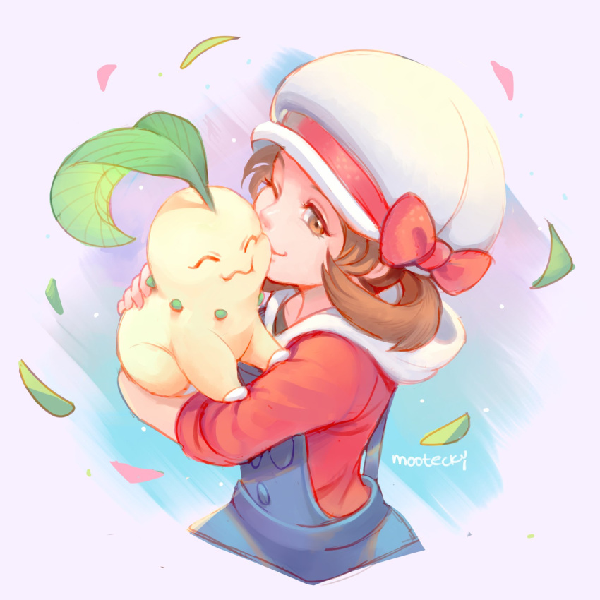 1girl, black_shirt, blue_overalls, brown_eyes, brown_hair, cheek_squash, chikorita, closed_mouth