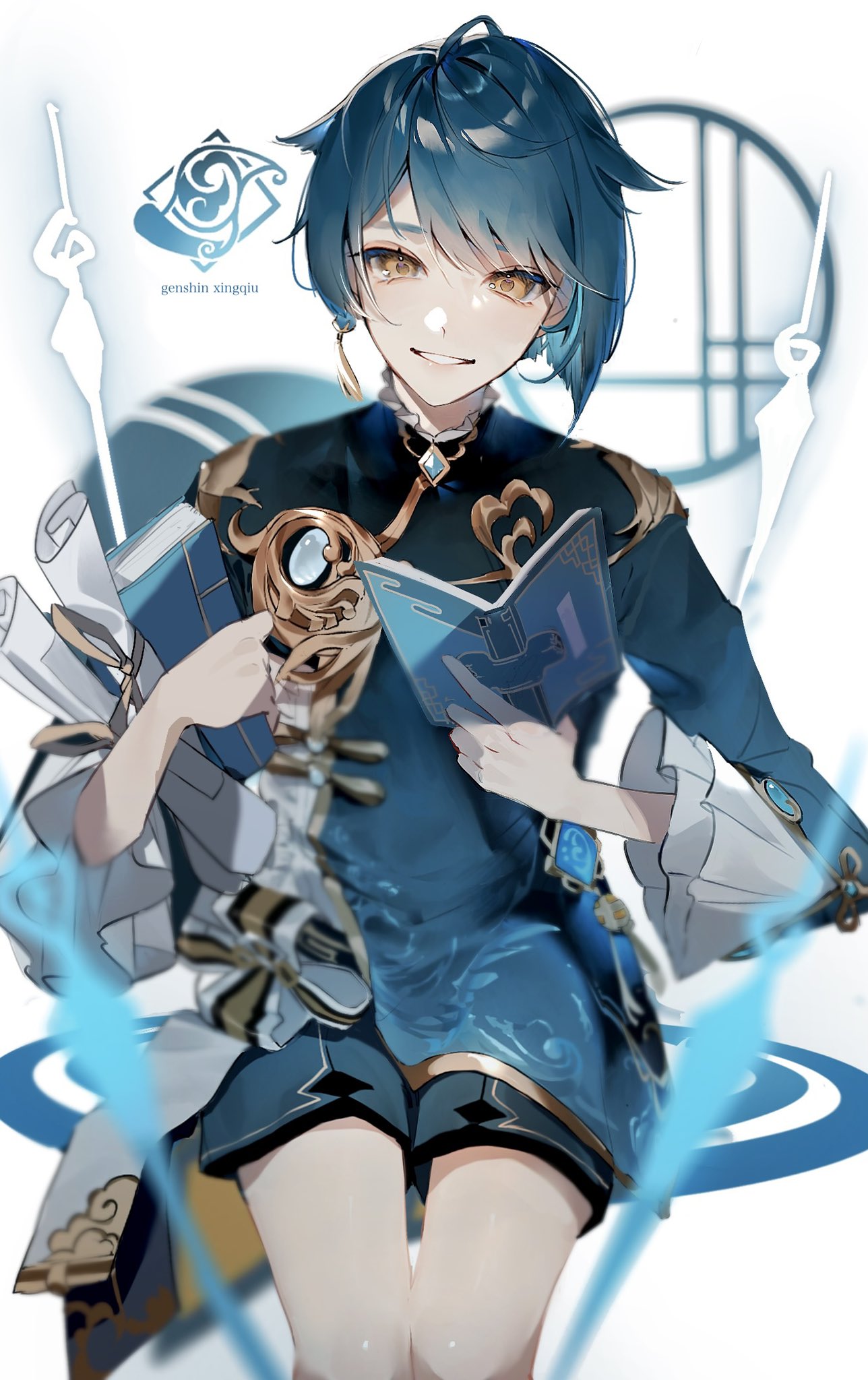 1boy, androgynous, bangs, blue_hair, blue_shorts, blurry, blurry_foreground, book
