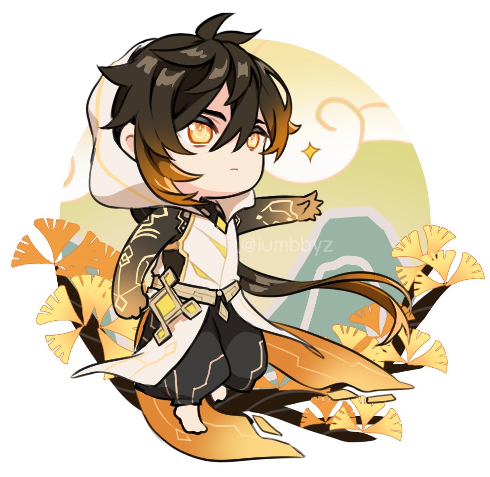 1boy, alternate_costume, bangs, bare_shoulders, barefoot, brown_hair, chibi, cloak, closed_mouth, clouds, english_commentary, full_body, genshin_impact, ginkgo_leaf, gradient_hair, hair_between_eyes, hood, hood_up, hooded_cloak, long_hair, looking_afar, lumbbyz, male_focus, mountain, multicolored_hair, orange_hair, ponytail, sleeveless, solo, sparkle, tree_branch, white_background, white_cloak, yellow_eyes, zhongli_(genshin_impact)