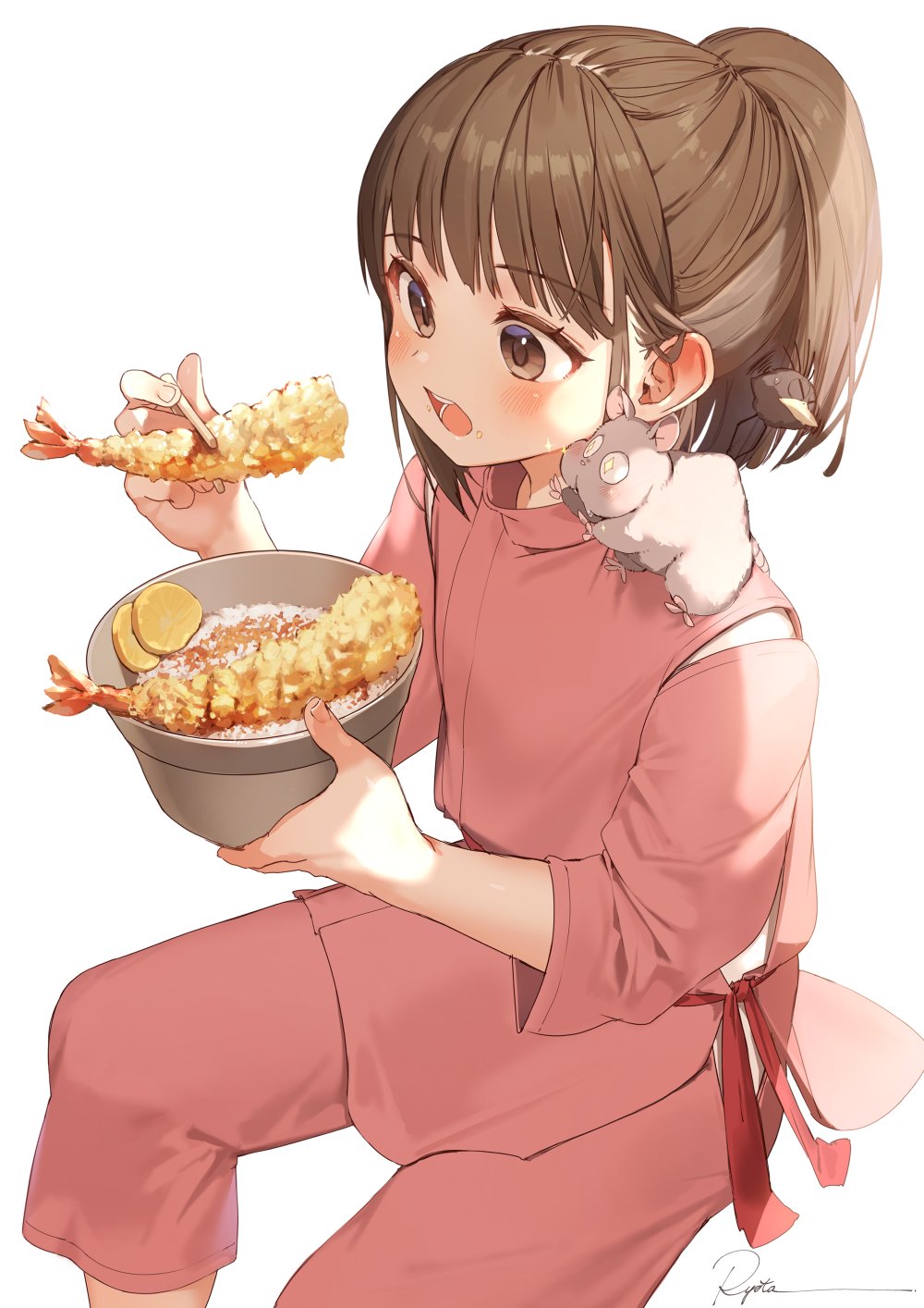 1girl, animal_on_shoulder, bangs, blush, bou_(sen_to_chihiro_no_kamikakushi), bowl, brown_eyes, brown_hair