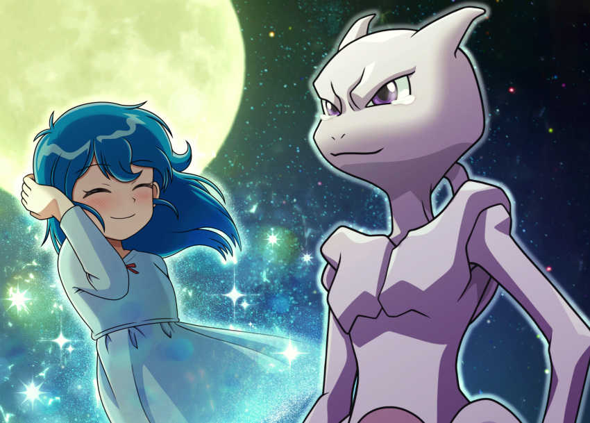 1girl, akika_821, ambertwo_(pokemon), bangs, blue_dress, blue_hair, blush, closed_eyes
