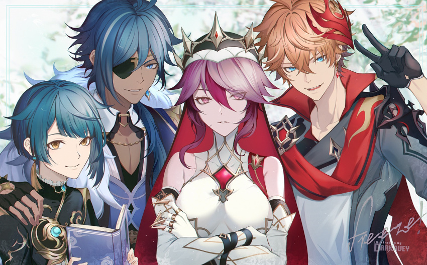 1girl, 3boys, bags_under_eyes, blue_hair, book, breasts, brooch, claw_ring, cloak, coat, coif, collared_jacket, dark_skin, dark_skinned_male, darkavey, detached_sleeves, diamond-shaped_pupils, diamond_(shape), earrings, elbow_gloves, eyepatch, fingerless_gloves, fur_trim, gem, genshin_impact, gloves, habit, hair_between_eyes, highres, jewelry, kaeya_alberich, large_breasts, long_coat, long_hair, looking_at_viewer, mask, mask_on_head, multicolored, multicolored_clothes, multicolored_hair, multicolored_headwear, multiple_boys, nun, orange_hair, red_eyes, redhead, rosaria_(genshin_impact), single_earring, sleeveless, sleeveless_turtleneck, streaked_hair, symbol-shaped_pupils, tartaglia_(genshin_impact), tassel, tassel_earrings, tiara, turtleneck, veil, white_gloves, xingqiu_(genshin_impact), yellow_eyes