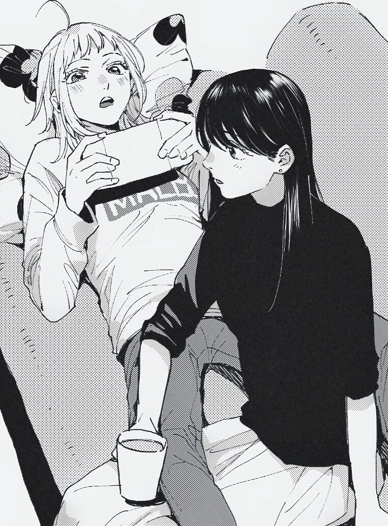 2dk_g_pen_mezamashidokei, 2girls, ahoge, couch, cup, earrings, fujimura_kaede, greyscale, handheld_game_console, jewelry, kazuki_nanami, lying, monochrome, multiple_girls, oosawa_yayoi, pillow, playing_games, sitting
