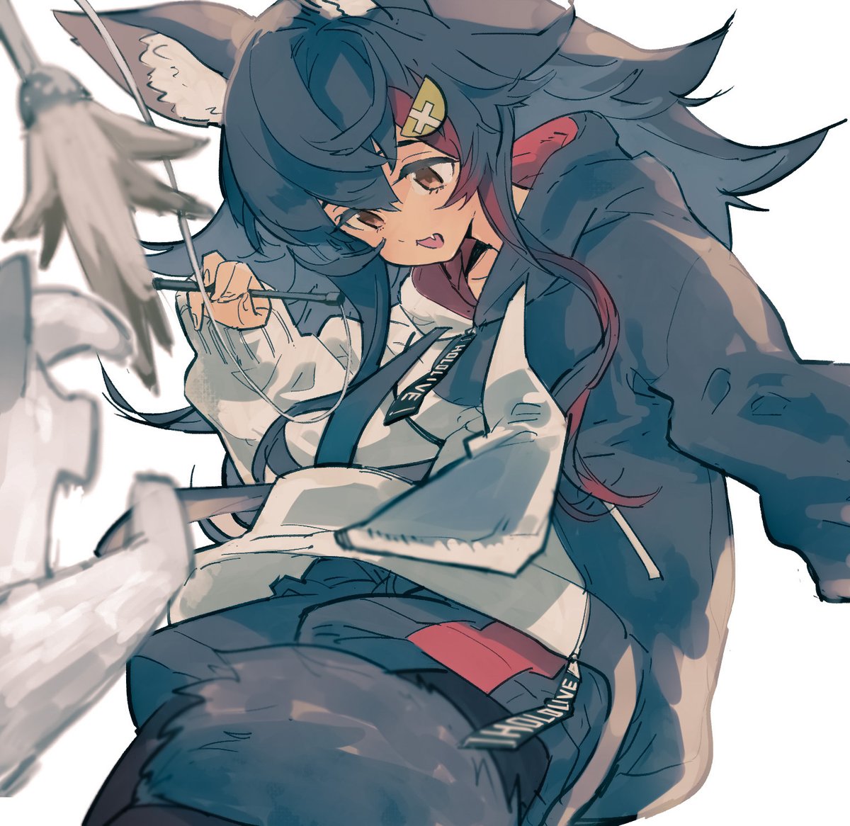 1girl, animal_ear_fluff, animal_ears, bangs, black_hair, black_hoodie, black_legwear, black_shorts