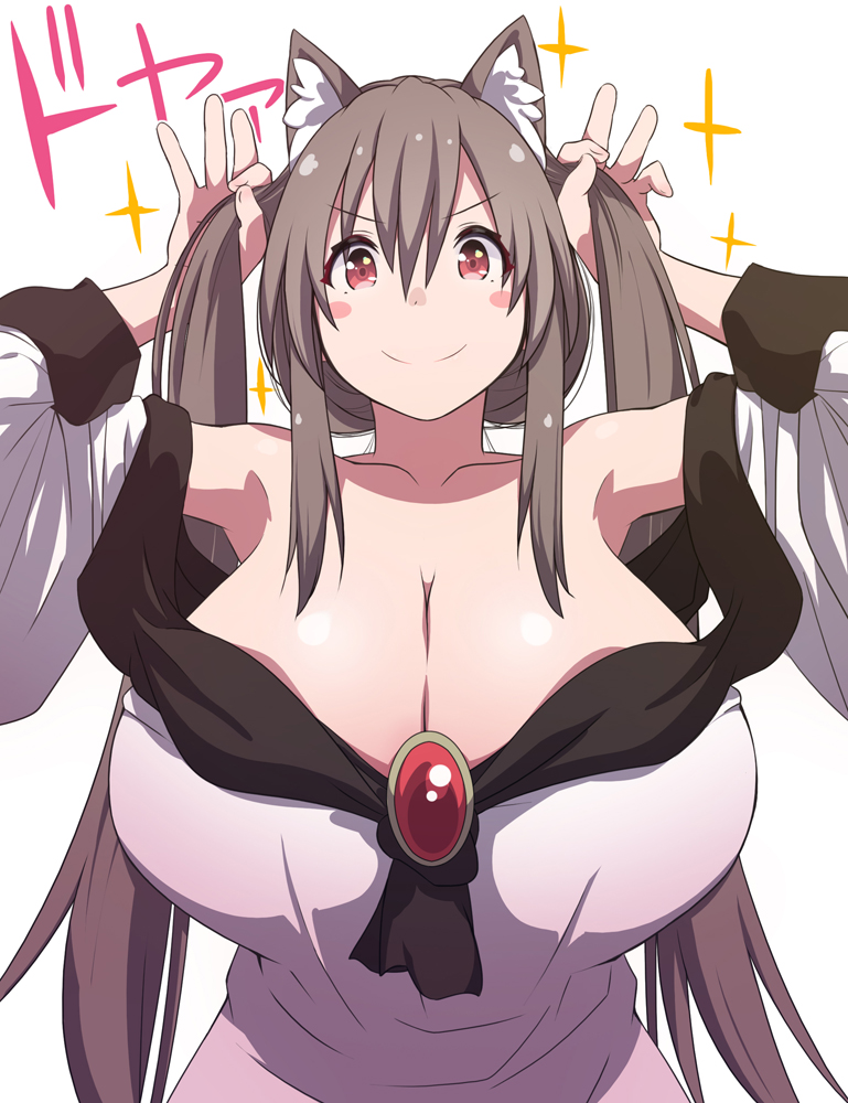 1girl, animal_ear_fluff, animal_ears, arms_up, bare_shoulders, blush_stickers, breasts, brooch, brown_hair, bunching_hair, closed_mouth, collarbone, commentary_request, dress, eyebrows_visible_through_hair, hair_between_eyes, huge_breasts, imaizumi_kagerou, jewelry, long_hair, looking_at_viewer, off_shoulder, otoufu_(wddkq314band), red_eyes, simple_background, smile, solo, touhou, upper_body, v-shaped_eyebrows, very_long_hair, white_background, white_dress, wolf_ears