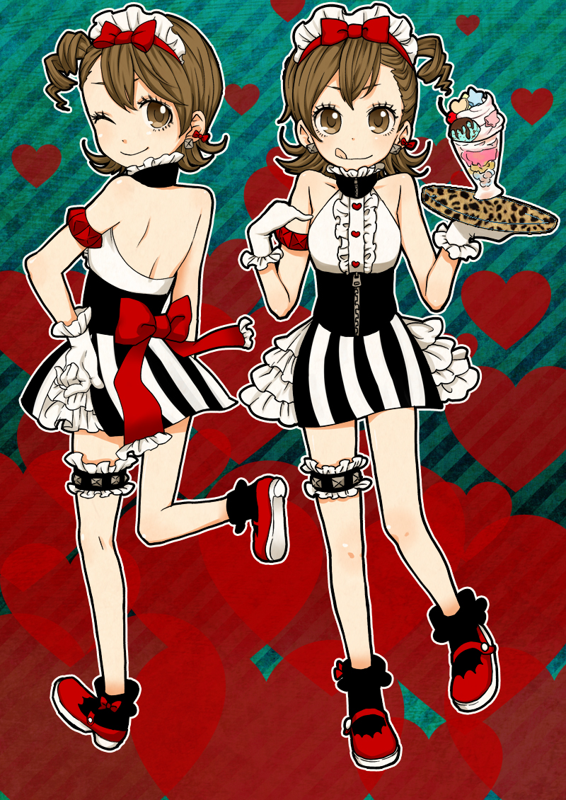 :p, :q, brown_eyes, brown_hair, choker, futami_ami, futami_mami, gloves