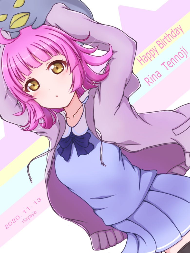 1girl, ahoge, ariria_(nanayuri), bangs, blunt_bangs, blunt_ends, love_live!, love_live!_nijigasaki_high_school_idol_club, nijigasaki_academy_uniform, pink_hair, school_uniform, short_hair, solo, tennouji_rina, yellow_eyes