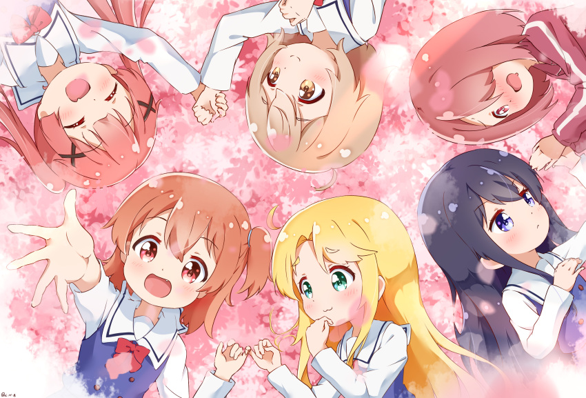 6+girls, :d, absurdres, black_hair, brown_eyes, brown_hair, dress, eyebrows_visible_through_hair