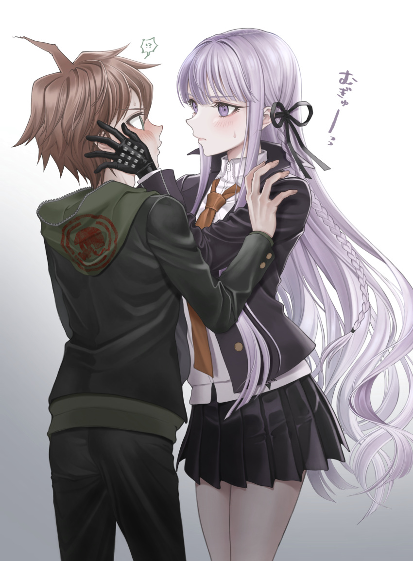 1boy, 1girl, absurdres, ass, bangs, black_jacket, black_pants, black_ribbon