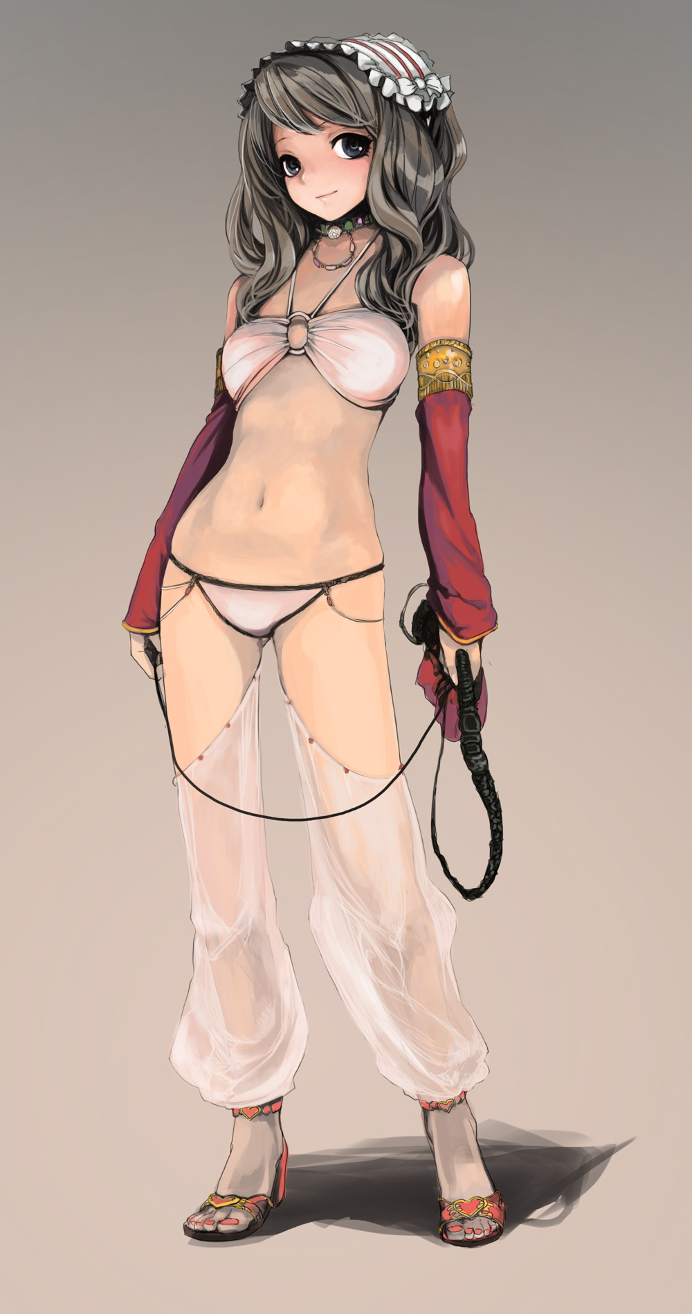 bikini, black_eyes, black_hair, bow, detached_sleeves, frills, gypsy, gypsy_(ragnarok_online), halter_top, halterneck, harem_pants, headdress, heart, highres, jewelry, light_smile, midriff, nail_polish, navel, necklace, nishinogi, o-ring_top, original, ragnarok_online, sandals, see-through, simple_background, solo, standing, swimsuit, weapon, whip