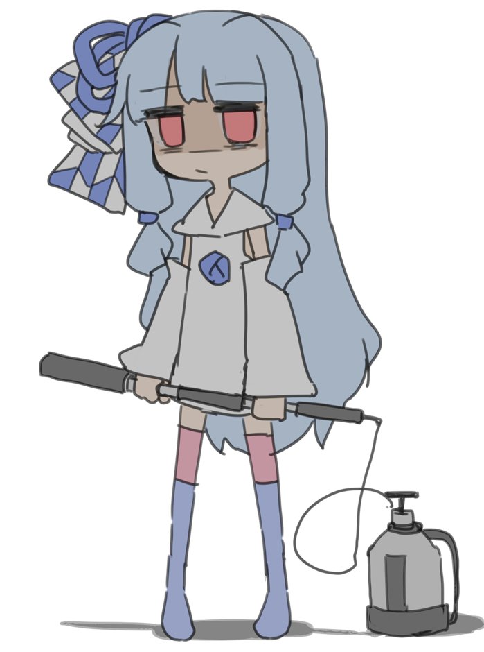 1girl, blue_legwear, blue_ribbon, bow, chibi, collar, collared_dress, commentary