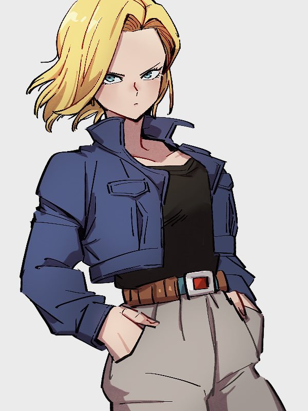 1girl, android_18, belt, black_shirt, blonde_hair, blue_eyes, blue_jacket, cosplay