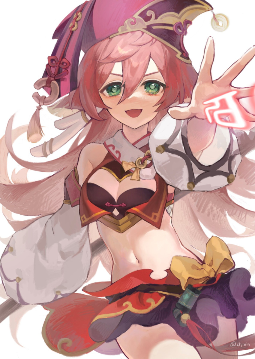 1girl, antlers, bare_shoulders, breasts, cleavage_cutout, clothing_cutout, cowboy_shot, crop_top, detached_sleeves, floating_hair, genshin_impact, green_eyes, hair_between_eyes, hat, highres, long_hair, long_sleeves, looking_at_viewer, midriff, miniskirt, navel, outstretched_arm, pink_hair, red_headwear, revealing_clothes, runes, simple_background, skirt, small_breasts, solo, stomach, white_background, yanfei_(genshin_impact), zi_yin