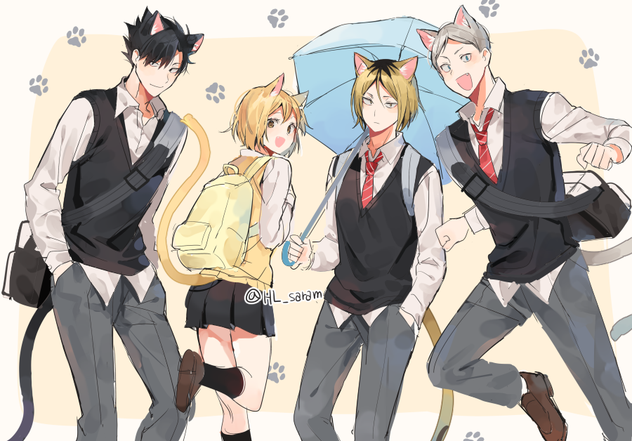 1girl, 3boys, :d, animal_ears, backpack, bag, bangs, black_hair
