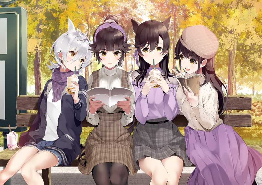4girls, absurdres, alternate_costume, animal_ears, ann_(ann58533111), atago_(azur_lane), autumn, autumn_leaves