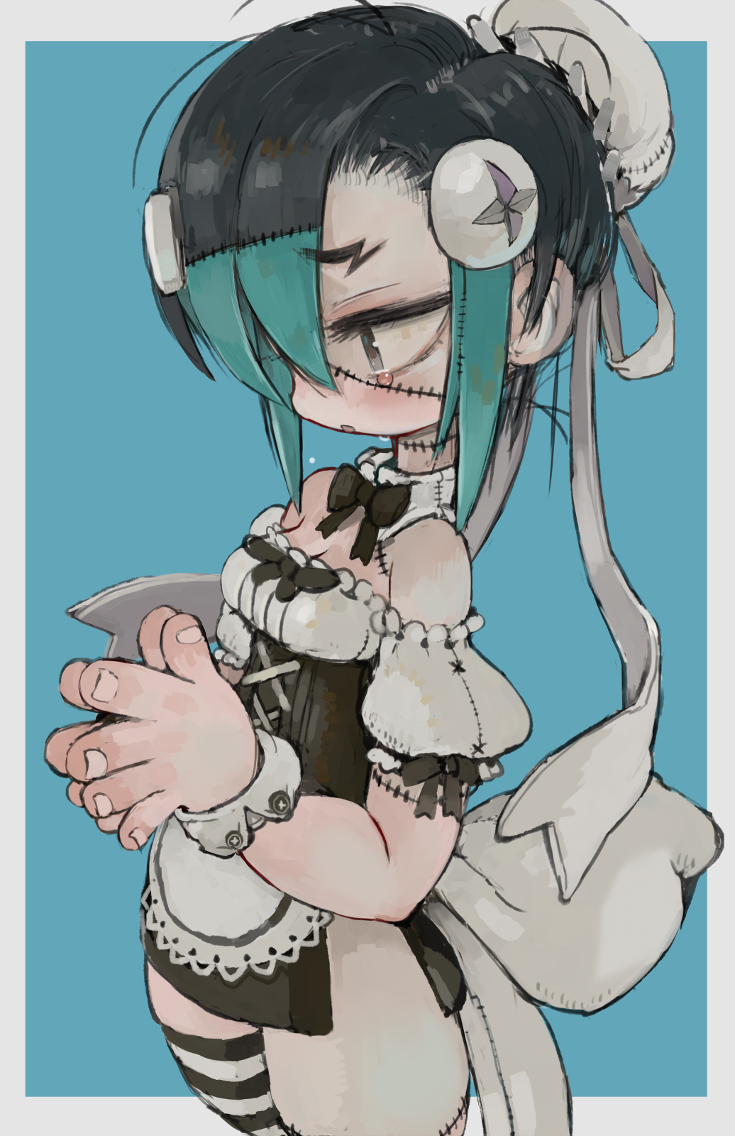 1girl, bibi-chan_(ebimomo), black_bow, black_hair, black_neckwear, blue_background, border, bow