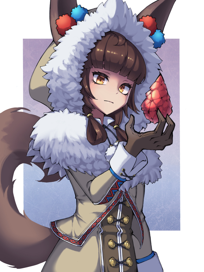 1girl, absurdres, bangs, blunt_bangs, brown_hair, coat, gloves, guardian_tales, hand_up, highres, hooded_coat, innuit_girl_coco, looking_to_the_side, movcat, simple_background, tail, wolf_girl, wolf_hood, wolf_tail, yellow_eyes