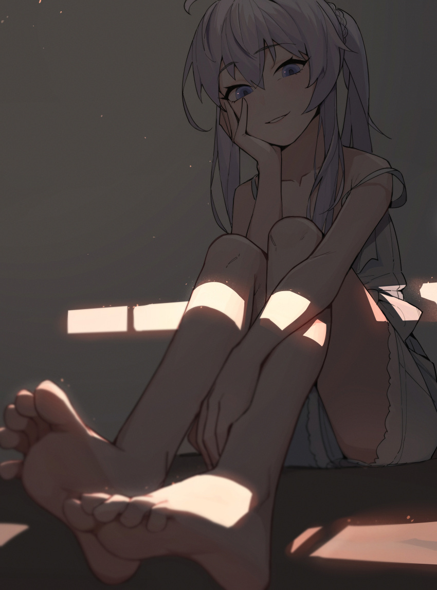 1girl, absurdres, ahoge, arm_support, bare_legs, barefoot, blurry, blurry_foreground