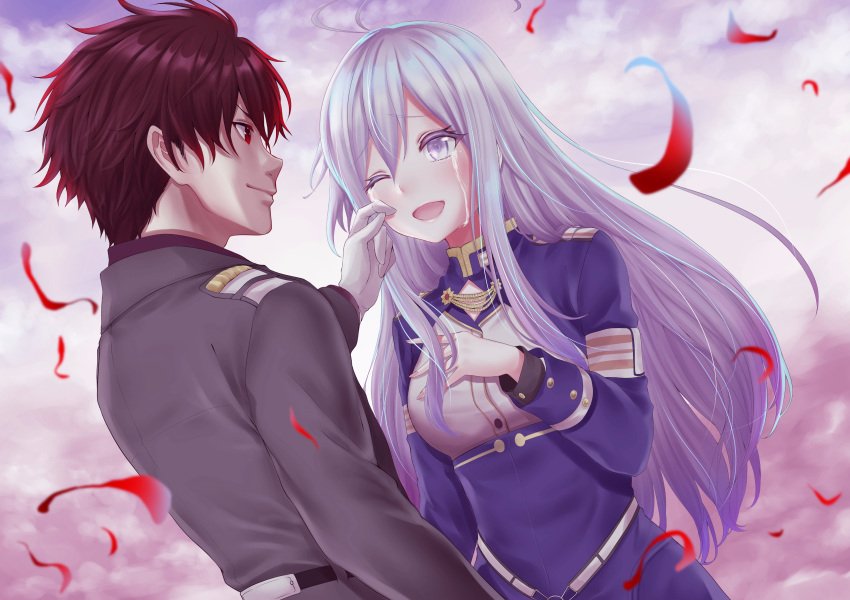 1boy, 1girl, 86_-eightysix-, ;d, absurdres, brown_hair, clouds, crying