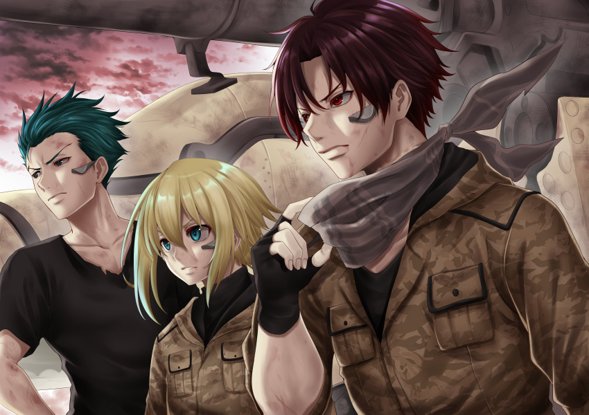 3boys, 86_-eightysix-, absurdres, aqua_hair, bandana, black_shirt, blonde_hair, blue_eyes