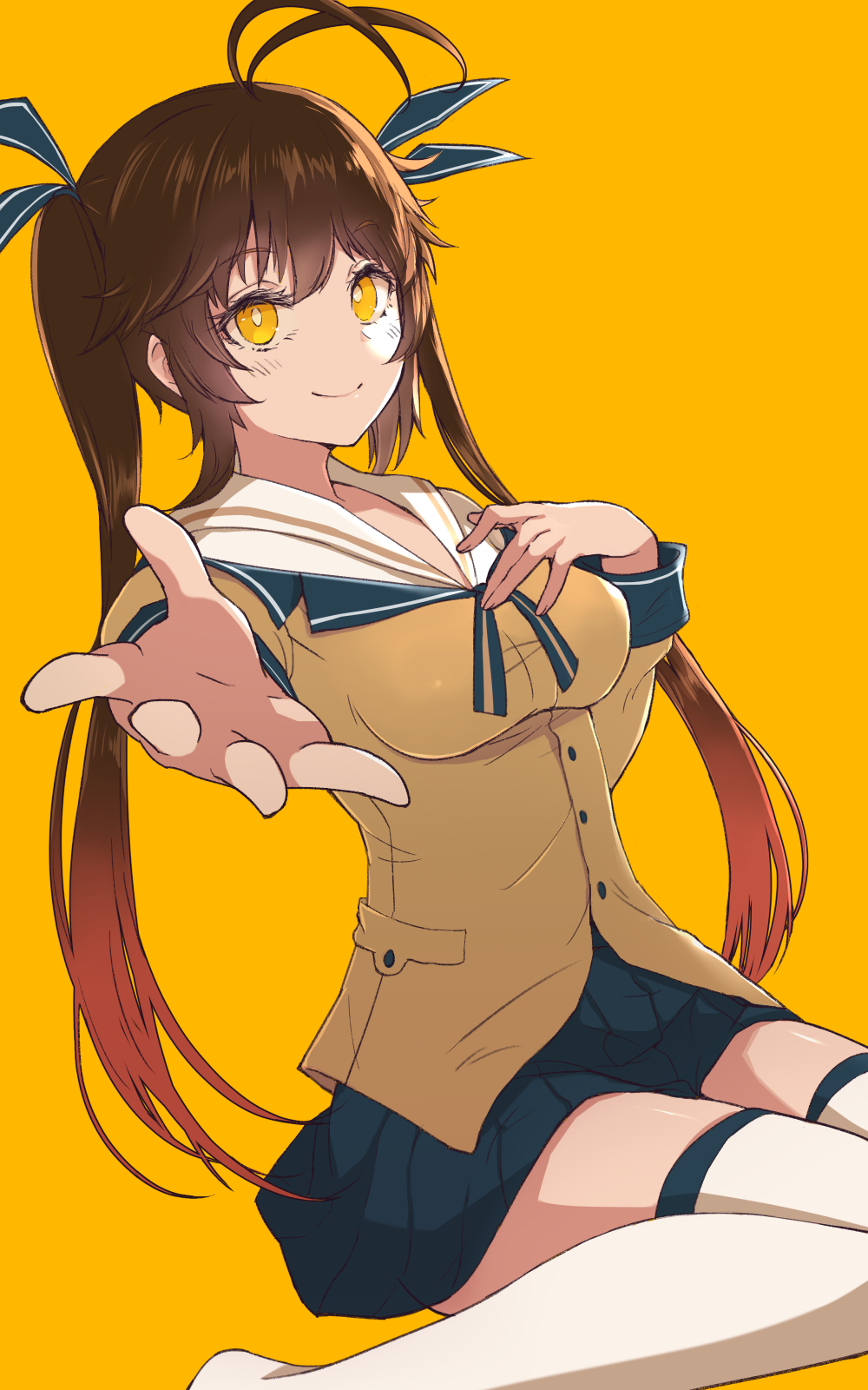 1girl, ahoge, blue_ribbon, blue_skirt, breasts, brown_hair, brown_jacket, closed_mouth
