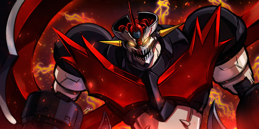 embers, energy, glowing, glowing_eyes, highres, jazz_jack, mazinger_zero_(mecha), mecha