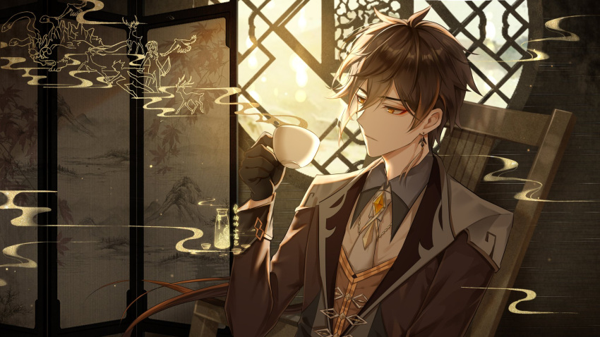 1girl, 2boys, azhdaha_(genshin_impact), bangs, bird, black_gloves, bottle, brown_hair, chair, chinese_commentary, closed_mouth, collared_shirt, commentary_request, cup, deer, earrings, egasumi, eyeliner, eyeshadow, formal, ganyu_(genshin_impact), genshin_impact, gloves, gradient_hair, hair_between_eyes, highres, holding, holding_cup, jacket, jewelry, light_particles, long_hair, long_sleeves, makeup, male_focus, mountain, multicolored_hair, multiple_boys, necktie, orange_hair, osial_(genshin_impact), ponytail, red_eyeshadow, shirt, single_earring, sitting, smoke, suit, tassel, tassel_earrings, translation_request, window, xiao_(genshin_impact), yellow_eyes, zed_xiaolongbao, zhongli_(genshin_impact)
