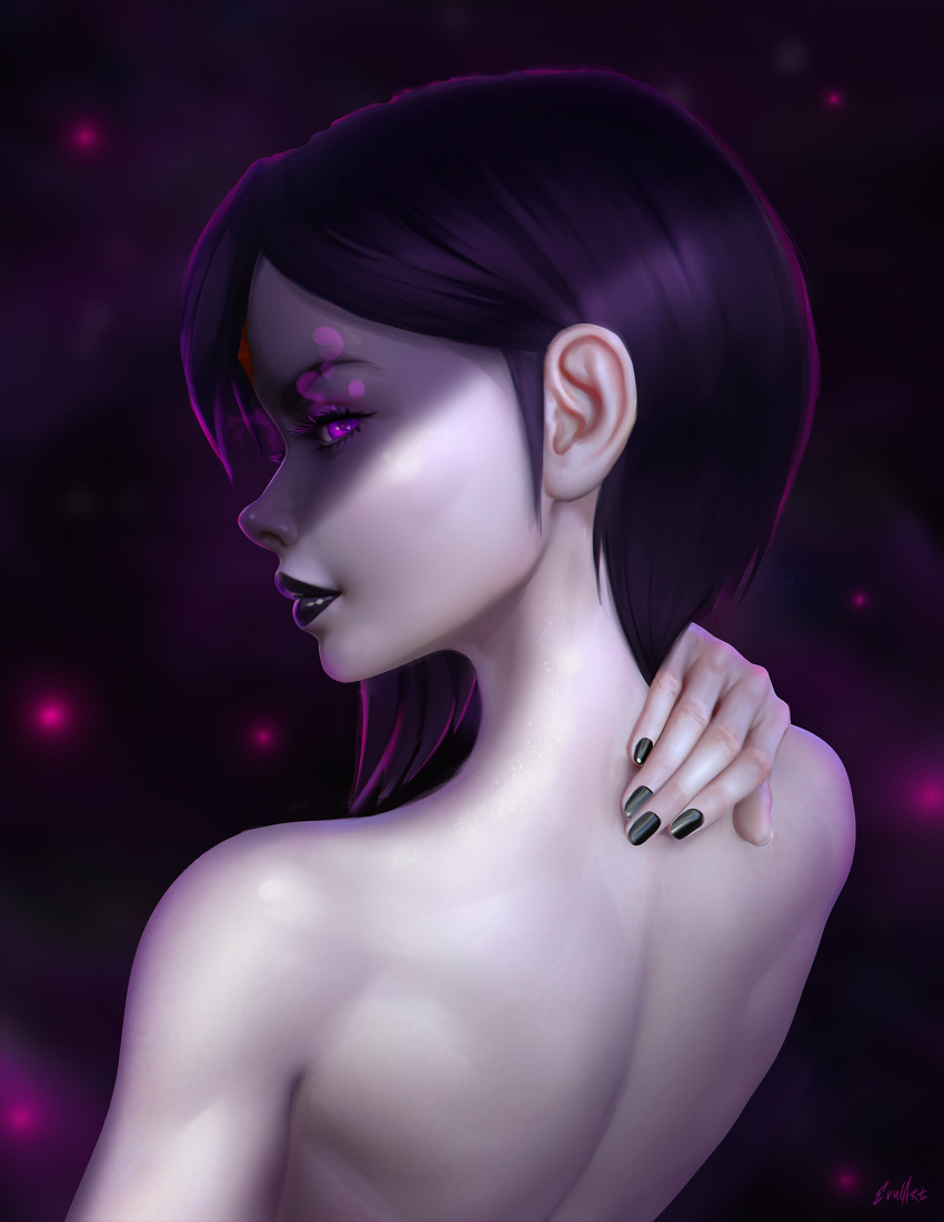 1girl, back, black_lips, black_nails, colored_skin, completely_nude, dc_comics, english_commentary