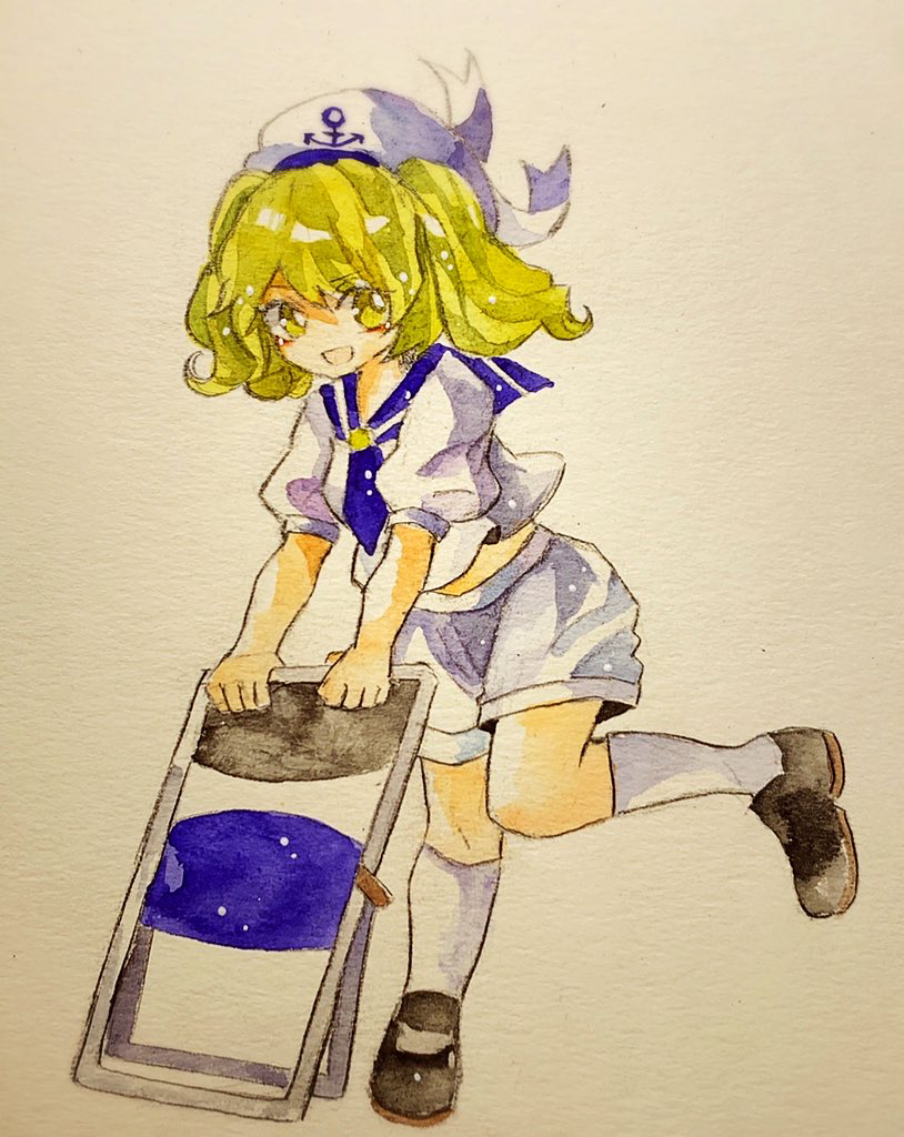 1girl, bangs, black_footwear, blonde_hair, chair, folding_chair, hat, key747h