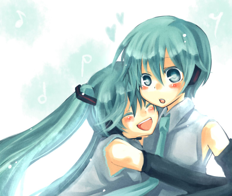 aqua_hair, bad_id, blush, detached_sleeves, genderswap, hatsune_miku, hatsune_mikuo, hug