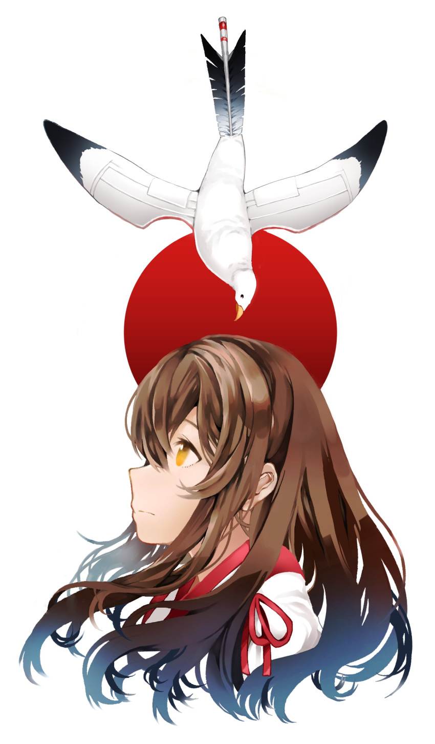 1girl, absurdres, aircraft, akagi_(kancolle), arrow_(projectile), bangs, bird, brown_hair
