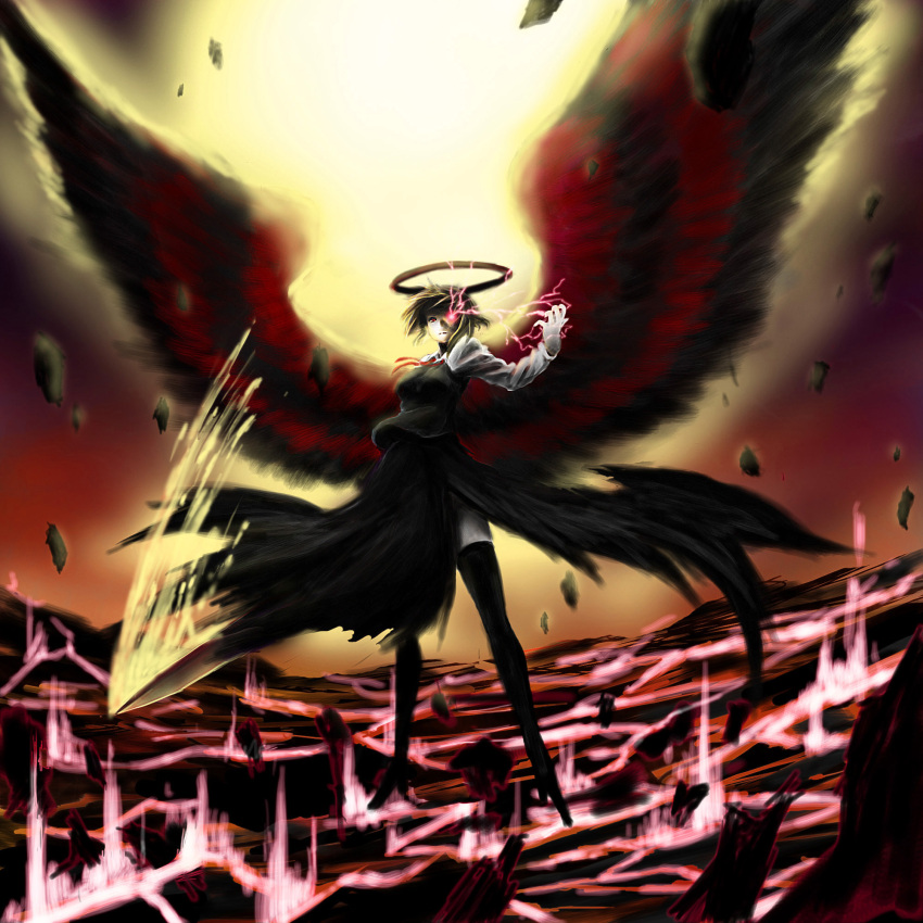 adult, blonde_hair, ex-rumia, glowing, glowing_eye, glowing_eyes, halo, high_heels