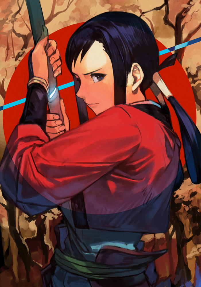 back_turned, bakumatsu_rouman, bakumatsu_rouman_dainimaku, belt, black_hair, closed_eyes, fingerless_gloves, gloves