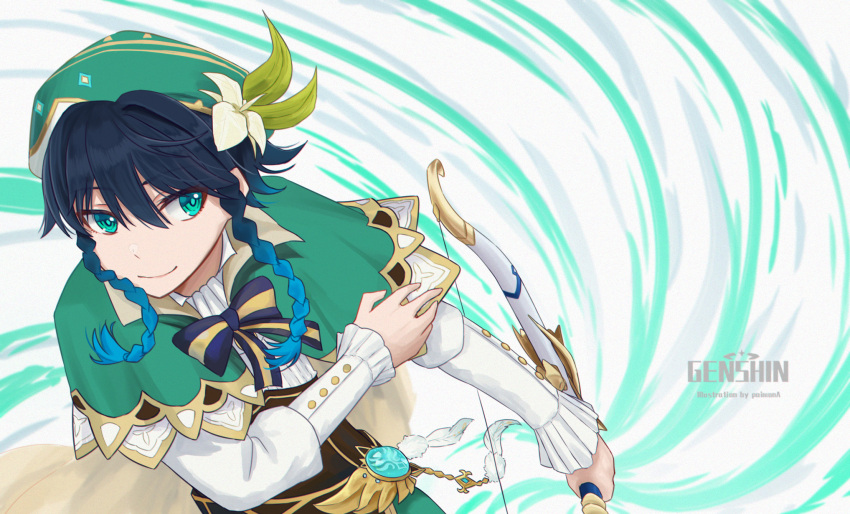 1boy, androgynous, bangs, beret, black_hair, blue_hair, bow, bow_(weapon), braid, cape, collared_cape, collared_shirt, corset, eyebrows_visible_through_hair, feathers, flower, frilled_sleeves, frills, genshin_impact, gradient_hair, green_eyes, green_headwear, hakura_akiko, hat, hat_flower, highres, holding, holding_bow_(weapon), holding_weapon, leaf, long_sleeves, male_focus, multicolored_hair, shirt, short_hair_with_long_locks, simple_background, smile, solo, twin_braids, venti_(genshin_impact), vision_(genshin_impact), weapon, white_flower, white_shirt, wind