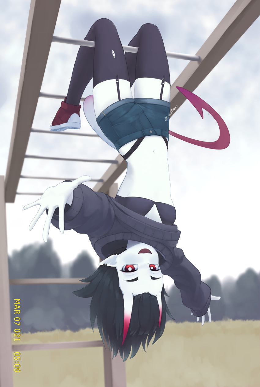 1girl, :d, absurdres, black_bra, black_hair, black_legwear, black_sweater, blue_shorts, blurry, blurry_background, bra, bright_pupils, clouds, cloudy_sky, colored_skin, commentary, dated, demon_tail, depth_of_field, ear_piercing, earrings, english_commentary, garter_straps, gradient_horns, highres, horns, jewelry, looking_at_viewer, medium_hair, monkey_bars, multicolored_horns, navel, open_mouth, original, outdoors, panty_straps, piercing, pointy_ears, red_eyes, red_footwear, shoes, short_shorts, shorts, skin-covered_horns, sky, smile, solo, sweater, tail, thigh-highs, torn_clothes, torn_legwear, twitter_username, underwear, upside-down, white_pupils, white_skin, yoako