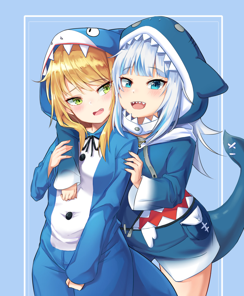 2girls, absurdres, alternate_costume, animal_costume, bangs, blonde_hair, blue_background, blue_eyes