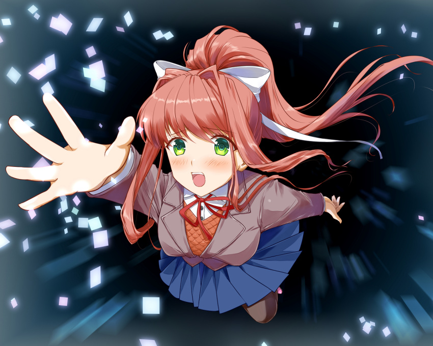 1girl, blazer, blue_skirt, blush, brown_hair, doki_doki_literature_club, floating, floating_hair