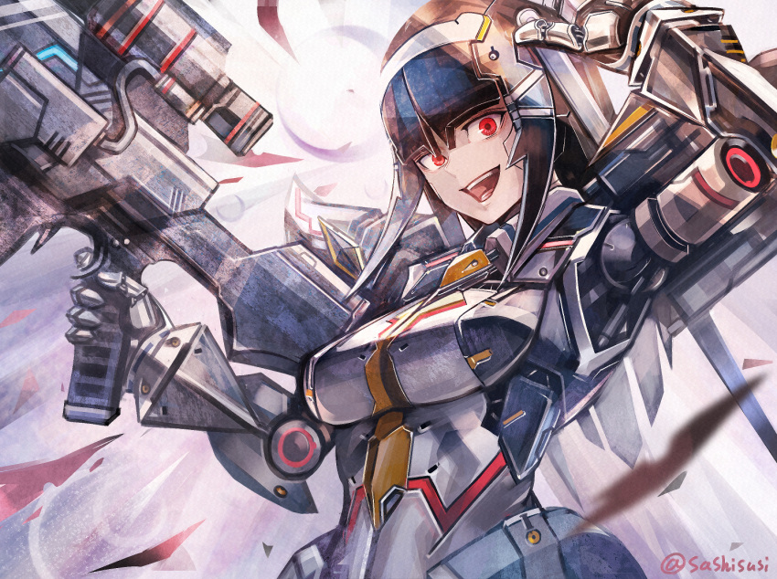 1girl, android, black_hair, gun, ionia_series, joints, lisa_(pso2), mecha_musume