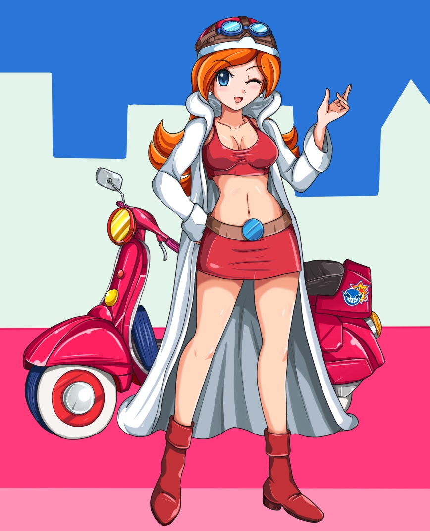 belt, cleavage, coat, crop_top, goggles, helmet, midriff, miniskirt, mona_(warioware), motorcycle_helmet, orange_hair, red_boots, red_shirt, red_skirt, sigurdhosenfeld, smile, warioware, wink