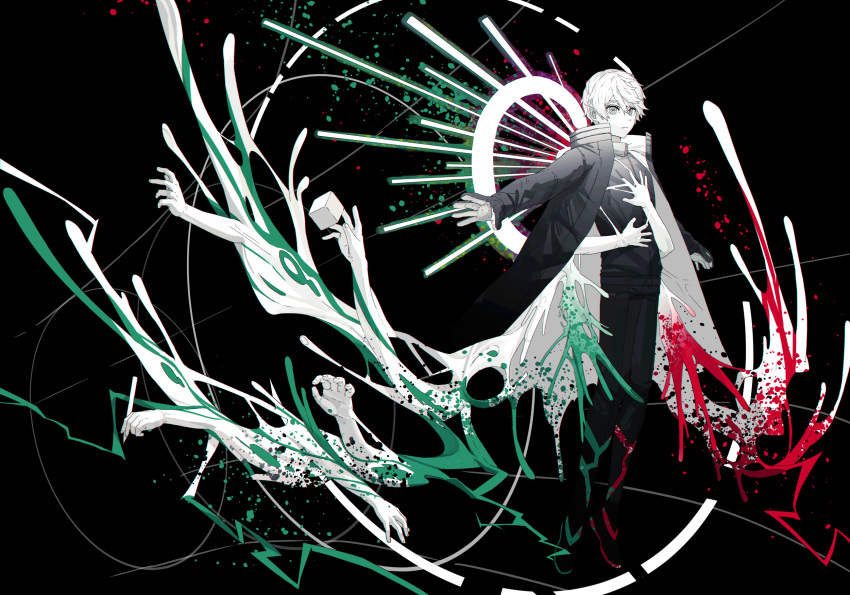1boy, black_background, black_jacket, black_pants, cube, dive_to_zone, extra_arms, highres