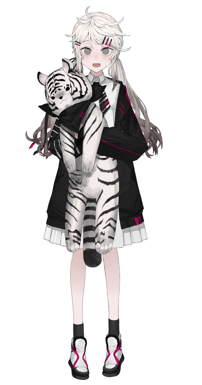 1girl, absurdres, black_hair, black_jacket, dress, fangs, gradient_hair, grey_eyes