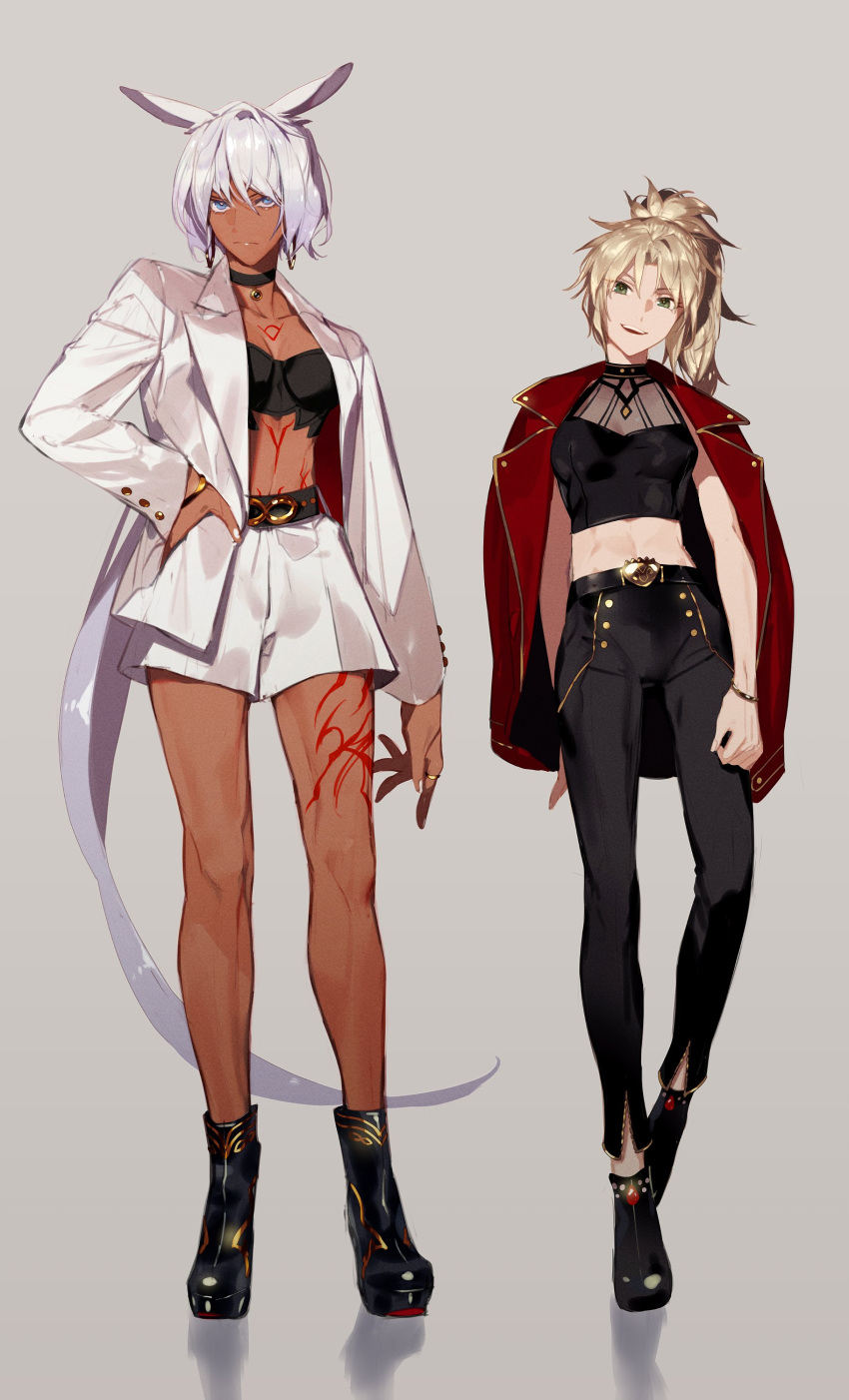 2girls, absurdres, animal_ears, bare_arms, bare_legs, blonde_hair, blue_eyes, caenis_(fate)