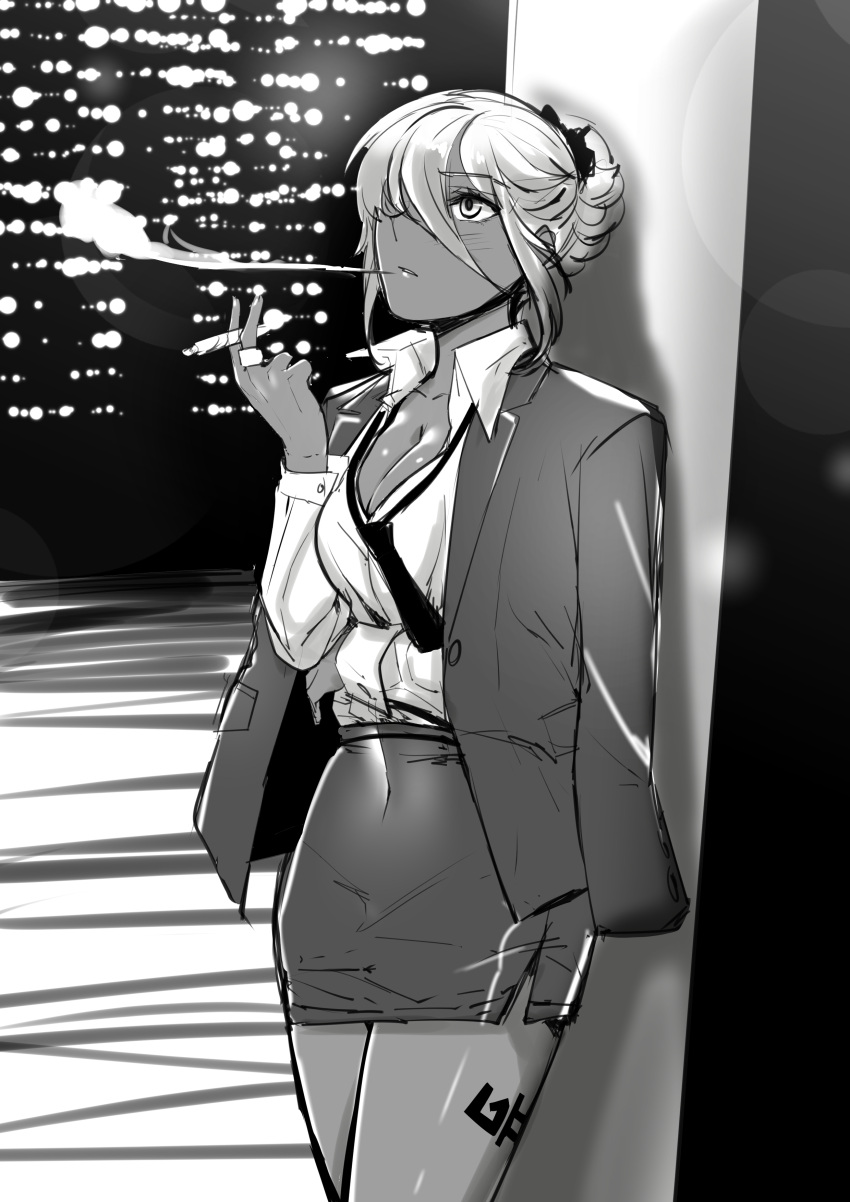 1girl, absurdres, against_wall, alternate_costume, cigarette, dark_magician_beth, greyscale, guardian_tales